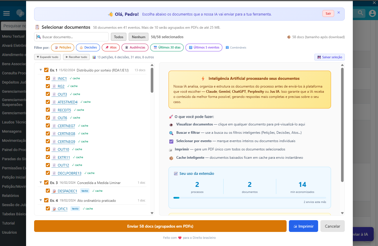Interface da extensão Direito Hub mostrando árvore do processo com botão Enviar à IA